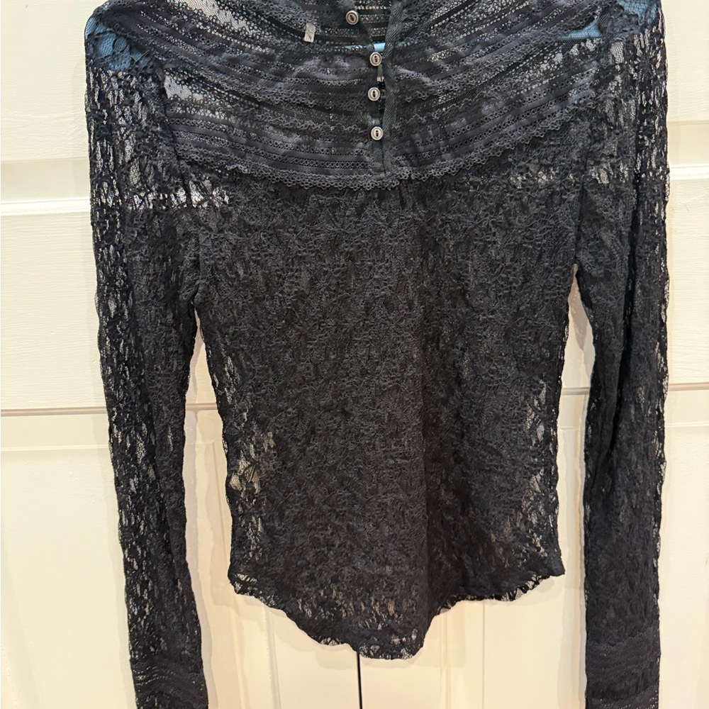 Free People Black Lace Long Sleeve Top, button detailing in the back